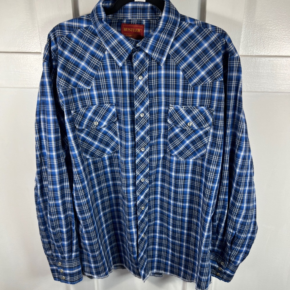 Rustler Mens XL Long Tails Blue Plaid Western Pearl Snap Shirt 75165RP